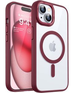Prozorna magnetna torbica za iPhone 15, [združljiva z MagSafe] zaščitna torbica za telefon, odporna na udarce - Vinsko rdeča